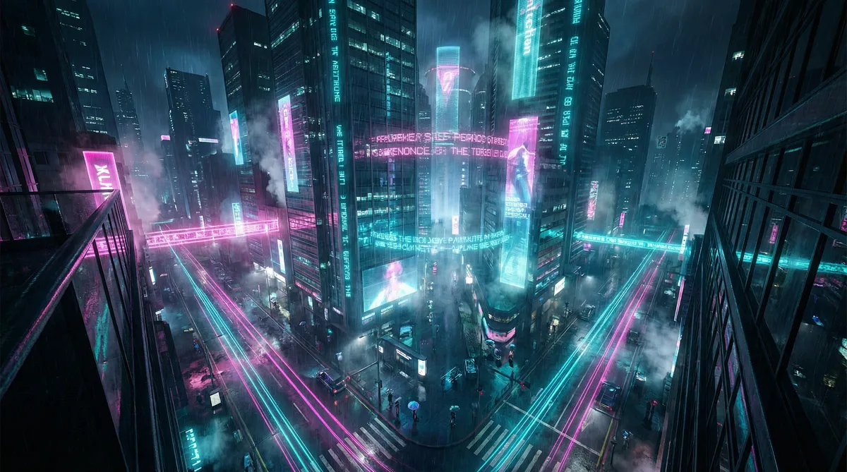 苹果可折叠iphone 竖屏短剧平台首页背景 - 赛博朋克都市夜景